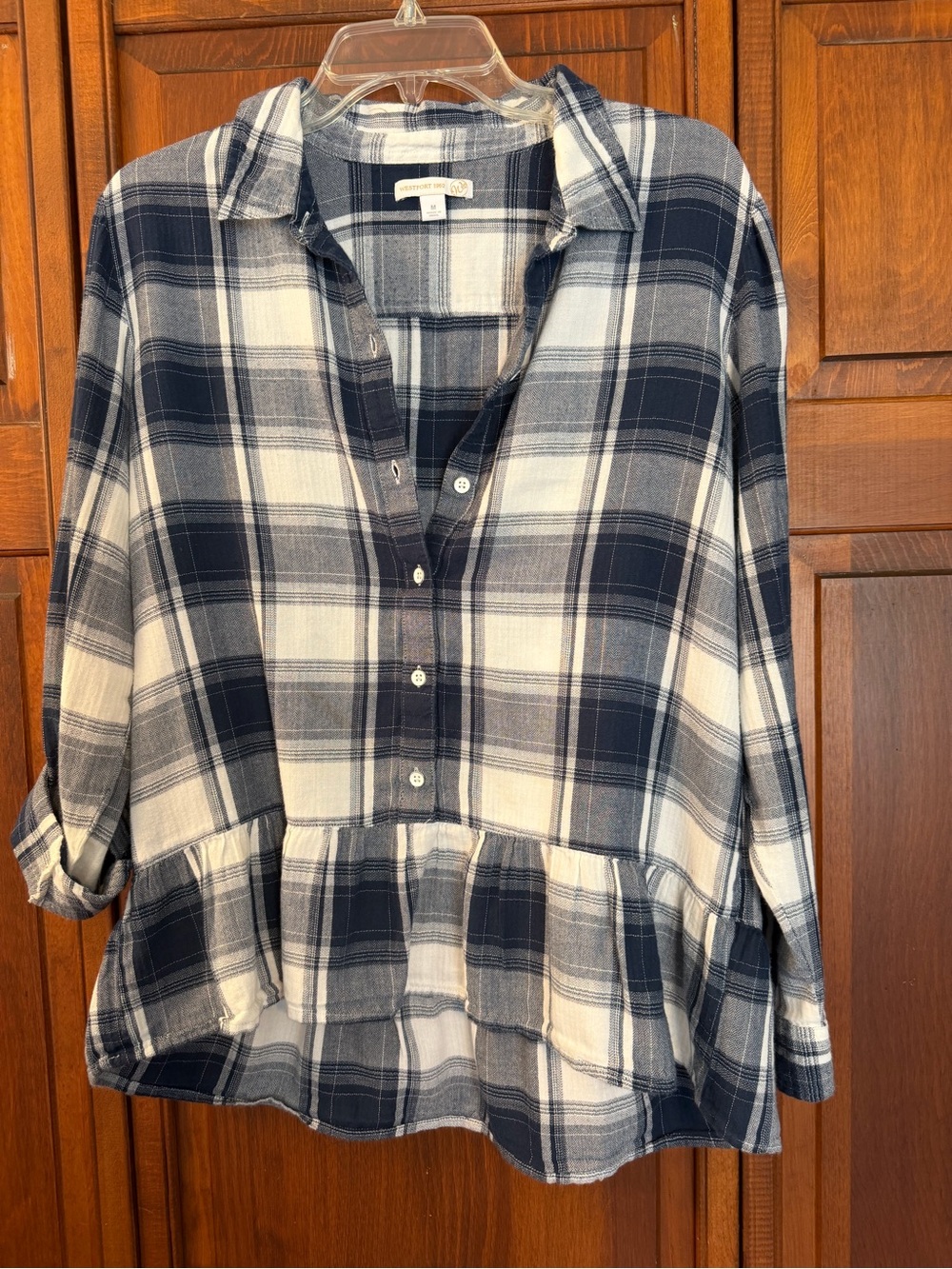Navy & White Plaid Peplum Button-Front Shirt cuff able sleeves size Medium